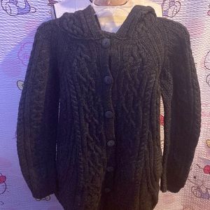 Inis Crafts Merino Wool Dark Gray Hooded Button-Up Sweater